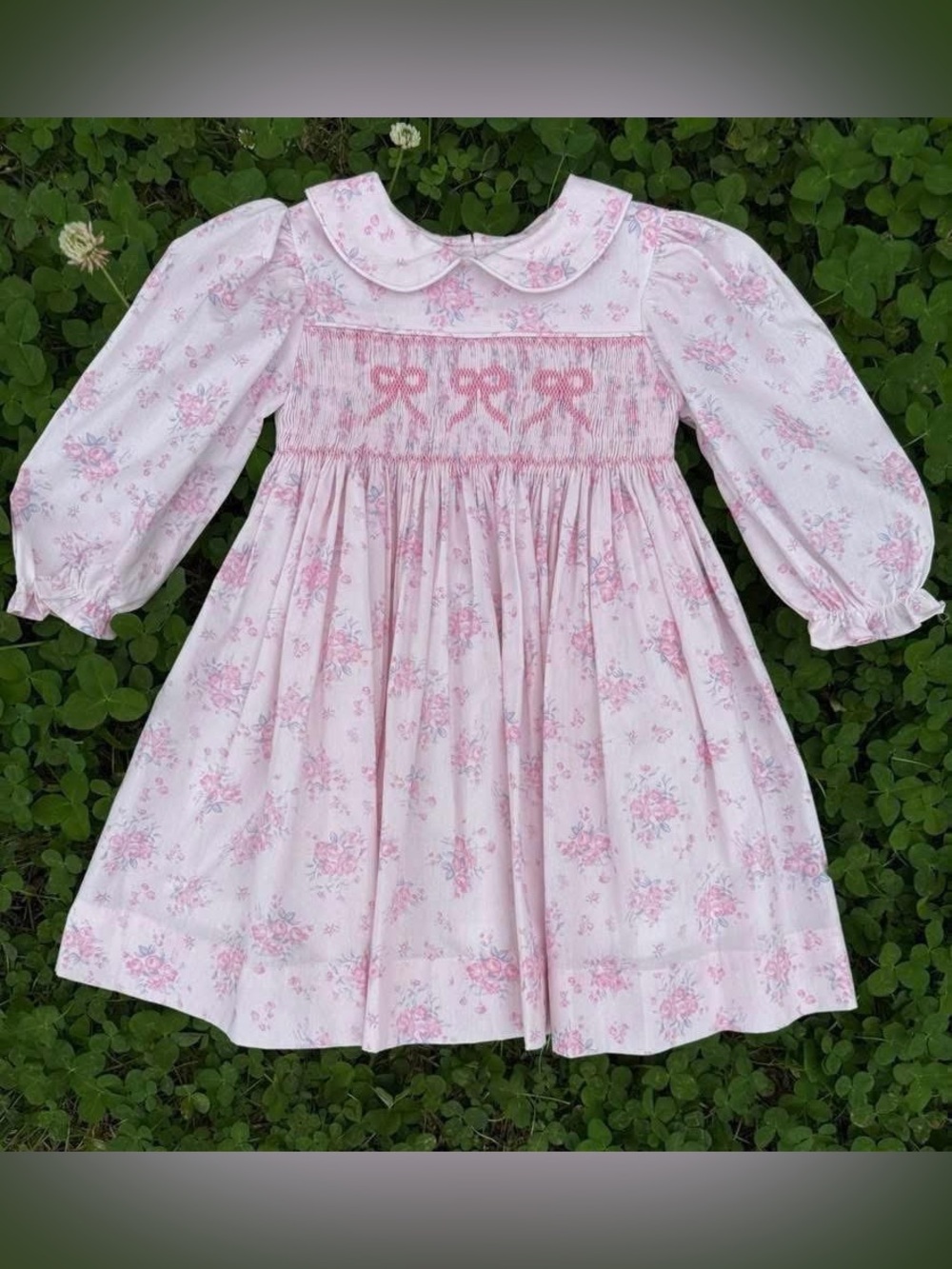 Pink Floral Bow Hand Smocked Dress